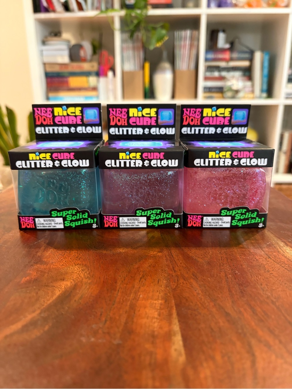 Schylling NeeDoh Nice Cube Glitter & Glow Super Solid Squish- Blue, Purple, Pink